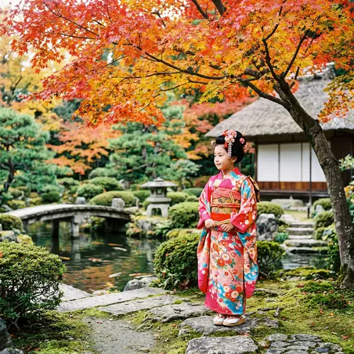 Japanese Girl in Colorful Kimono at Traditional Japanese Garden