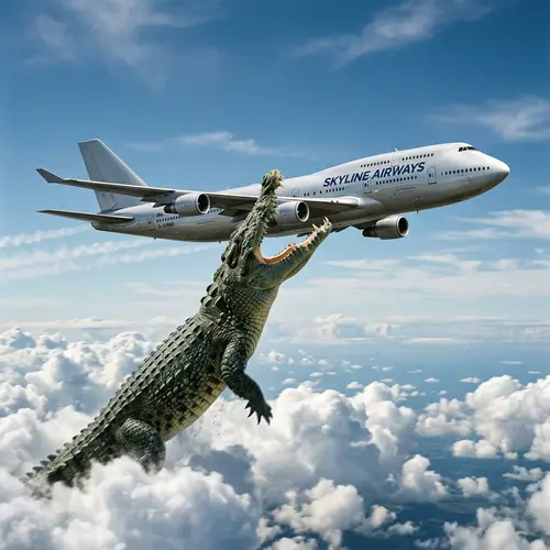 Daring Encounter: Crocodile vs. Airplane in Dramatic Sky