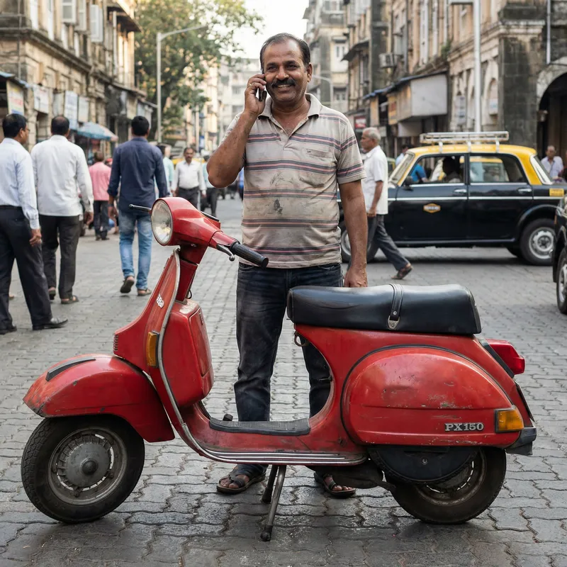 Realistic Photo of Man Talking on Phone Next to Red Vespa on Street