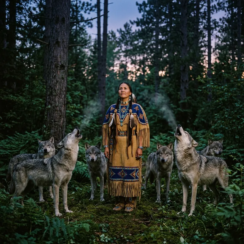 Native American Woman & Howling Wolves