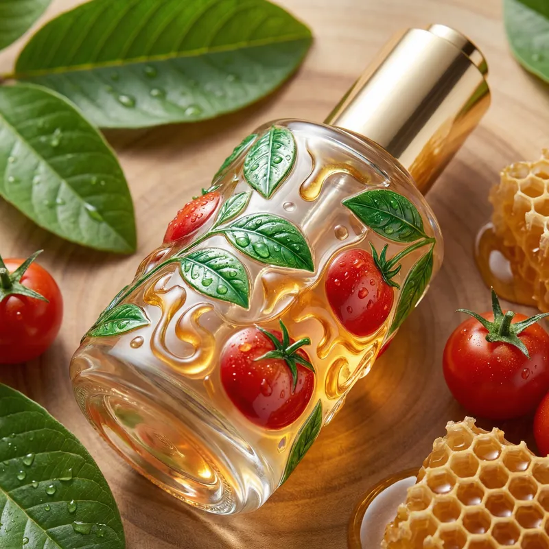 Exquisite Serum Bottle with Guava Leaf, Tomato, and Honey Designs