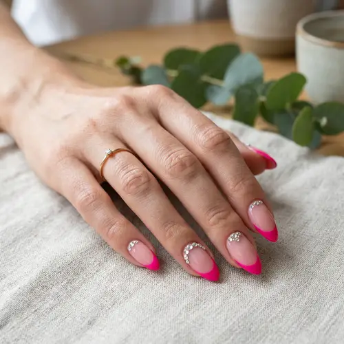 Stylish Almond-Shaped Pink Nails with Rhinestones