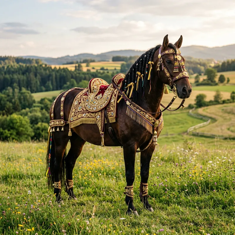Magnificent Horse Adorned with Intricate Trimmmings in Open Field