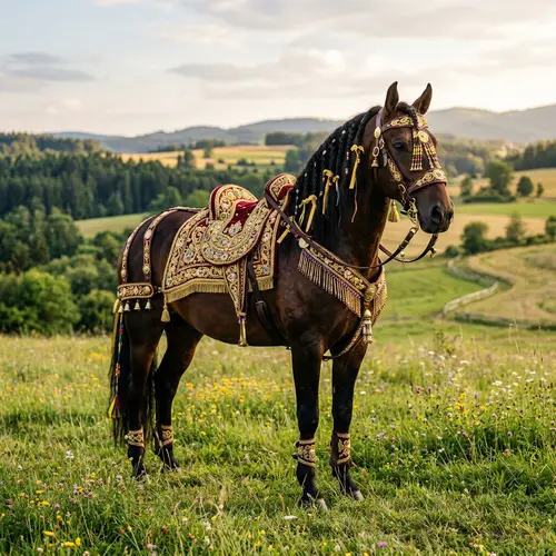 Magnificent Horse in Open Field Adorned with Intricate Trimmings