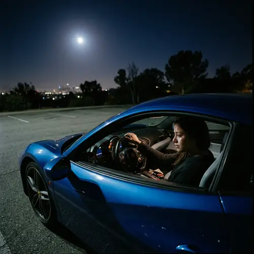 Melancholic Scene: Blue Ferrari Under Moonlight