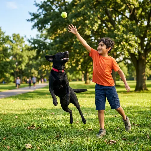 Playful Labrador Retriever Fetch Game in Green Park with Boy
