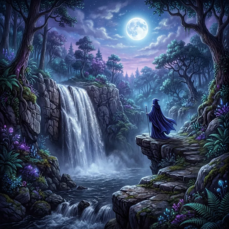 Mysterious Figure in Moonlit Forest: Capturing Ethereal Beauty Near Waterfall