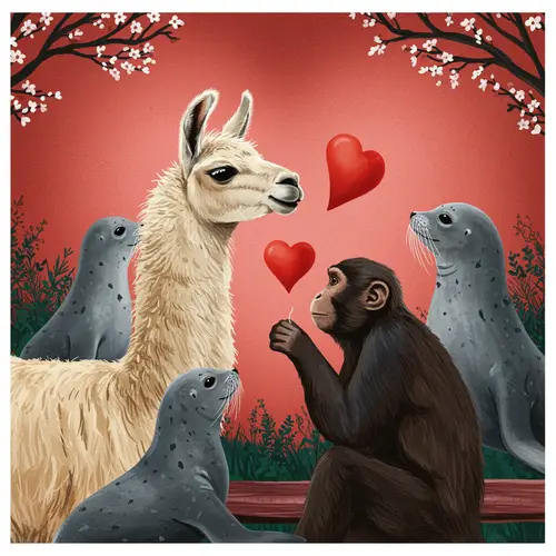Romantic Llama and Monkey Scene with Seals