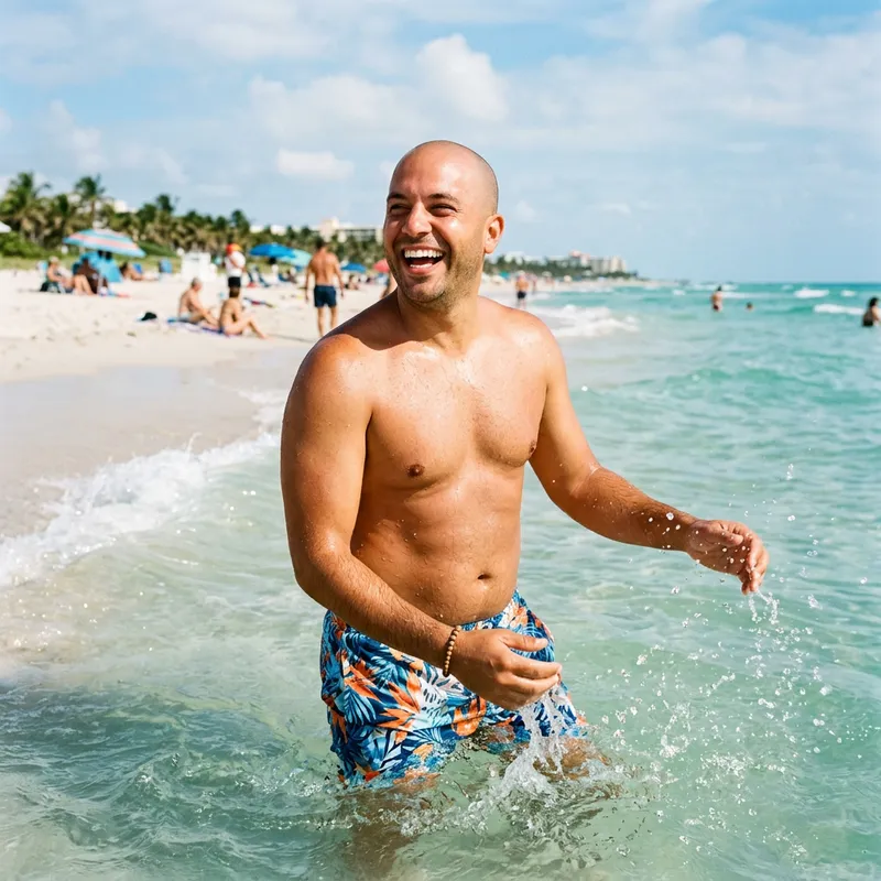 Chubby Shirtless Headshaved Guy at Beach - Joyful Moments