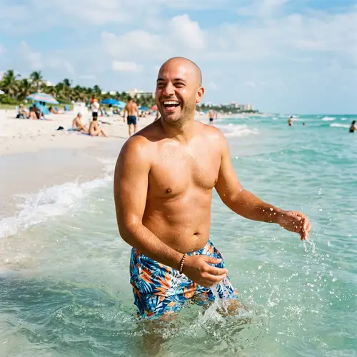 Chubby Shirtless Headshaved Guy at Beach - Joyful Moments