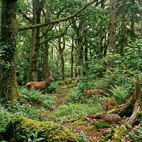 Tranquil Forest Teeming with Life - Ancient Trees, Wild Animals, Lush Greenery