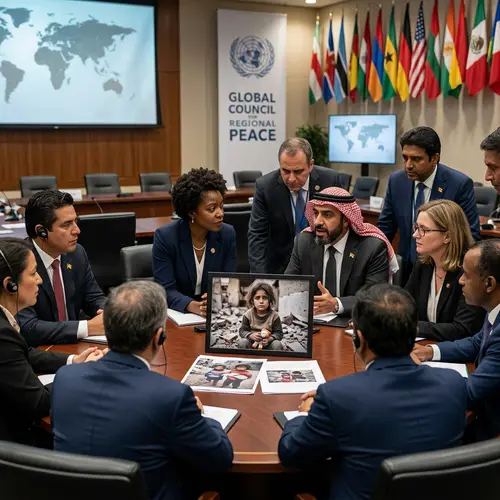 Global Peace Council with Diverse Delegates and Distressed Children