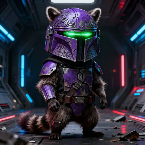 Raccoon in Purple Mandalorian Helmet