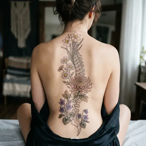 Intricate Spine Tattoo Design with Birth Flowers