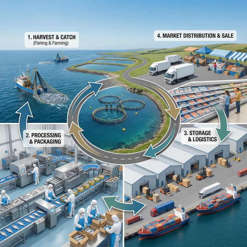 Fish Production Cycle Diagram: Fishing, Processing, Distribution