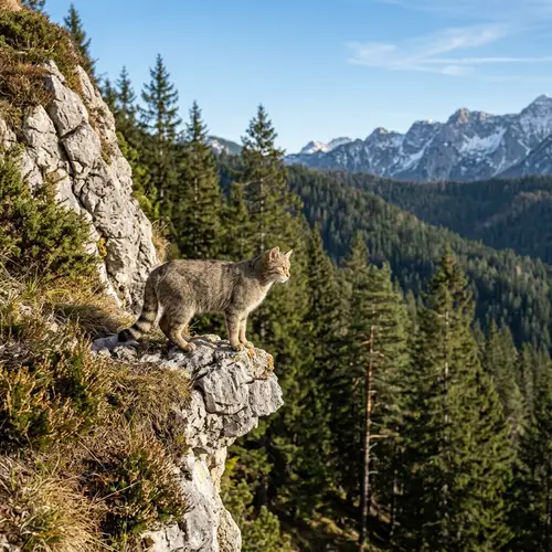 Wildcat Standing on Rocky Ledge in Mountain - Nature Landscape Photo
