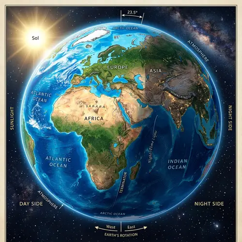 Detailed Scientific Illustration of Earth - Geographical, Climatic, Astronomical Aspects