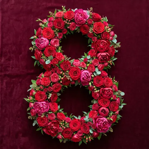 Number 8 Surrounded by Red Roses and Peonies