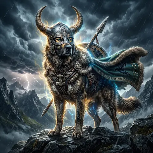 Divine Dog-Like Valkyrie with Viking Helmet - Mythical Creature