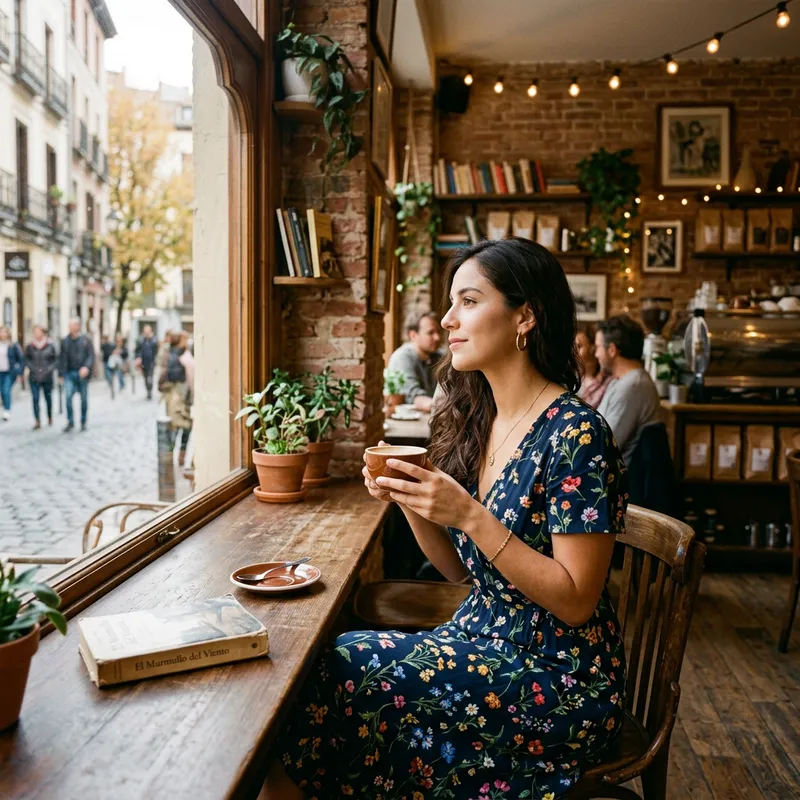 Elegant Hispanic Woman Enjoys Coffee in Cozy Café Setting