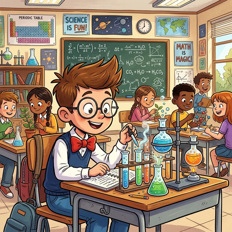 Curious Cartoon Boy in Vibrant Classroom
