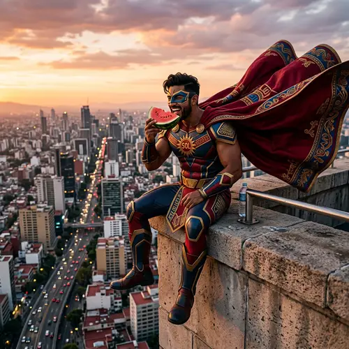 Hispanic Male Superhero Enjoying Watermelon on City Rooftop