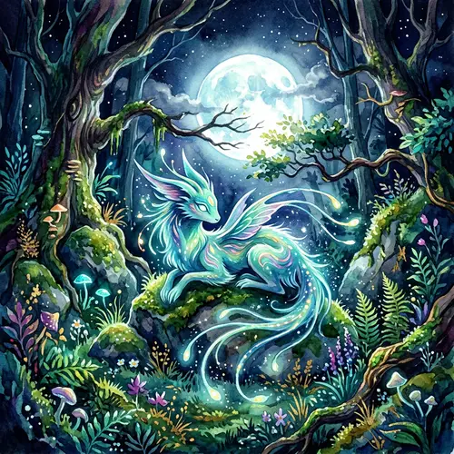 Mystical Creature in Moonlit Forest - Watercolor Painting