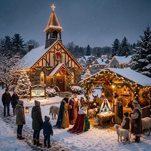 Small Town Church with Christmas Nativity Scene