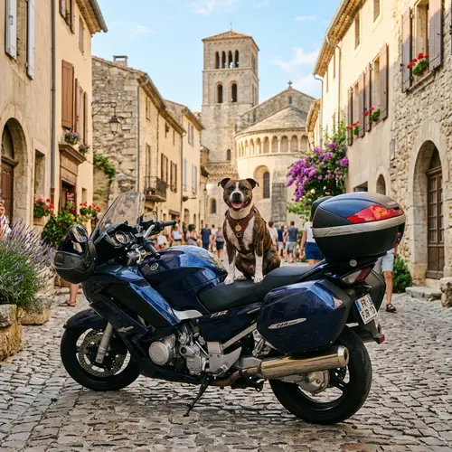 Staffordshire Bull Terrier on Yamaha FJR 1300 in Saint Guilhem le Desert