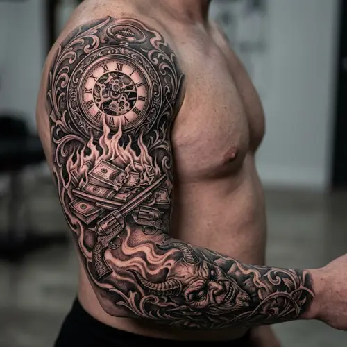 Elaborate Tattoo Sleeve with Pocket Watch, Money, Revolvers & Devil