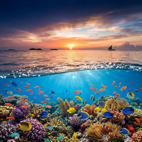 Seascape Sunrise with Vibrant Coral Reef and Exotic Fish