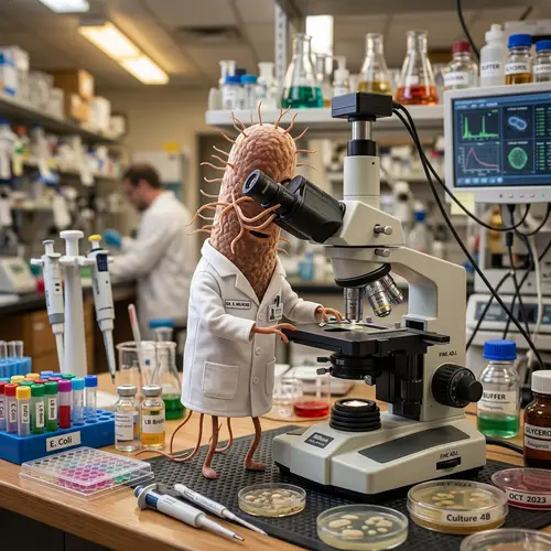 Bacterial Cell in Lab Coat with Microscope