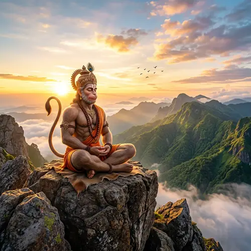 Divine Lord Hanuman Meditating on Mountain Top