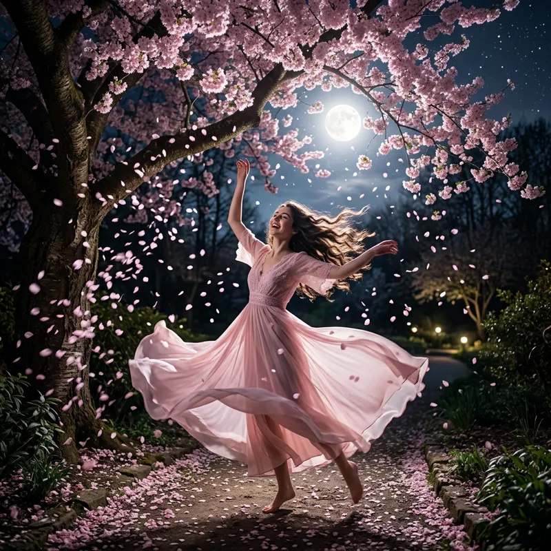 Girl Twirling Under a Moonlit Tree Girl Twirling Under a Moonlit Tree