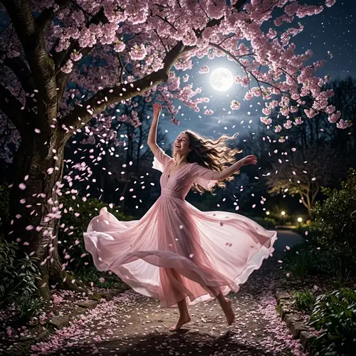 Girl Twirling Under a Moonlit Tree