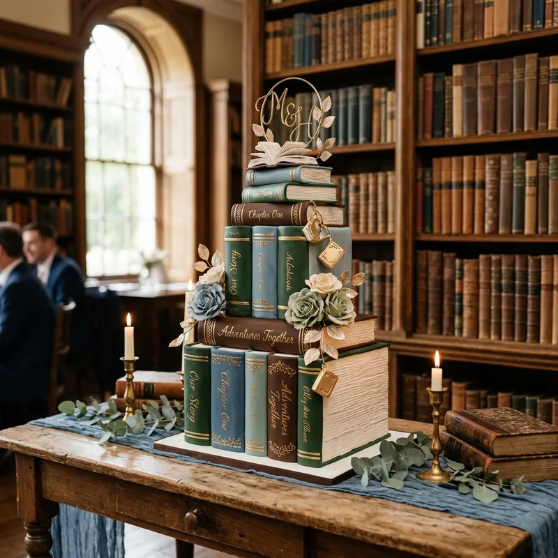 Elegant Blue Green Brown Wedding Cake with Gold Accents