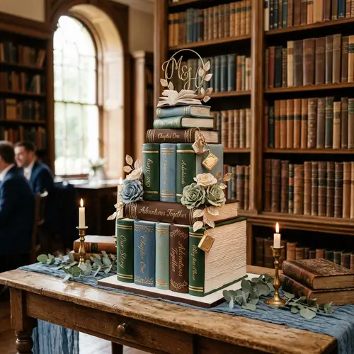 Elegant Blue Green Brown Wedding Cake with Gold Accents