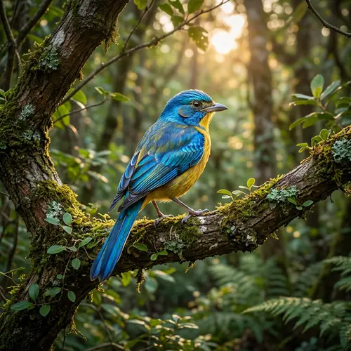 Spectacle of Evolution: Azure & Gold Bird in Tranquil Forest