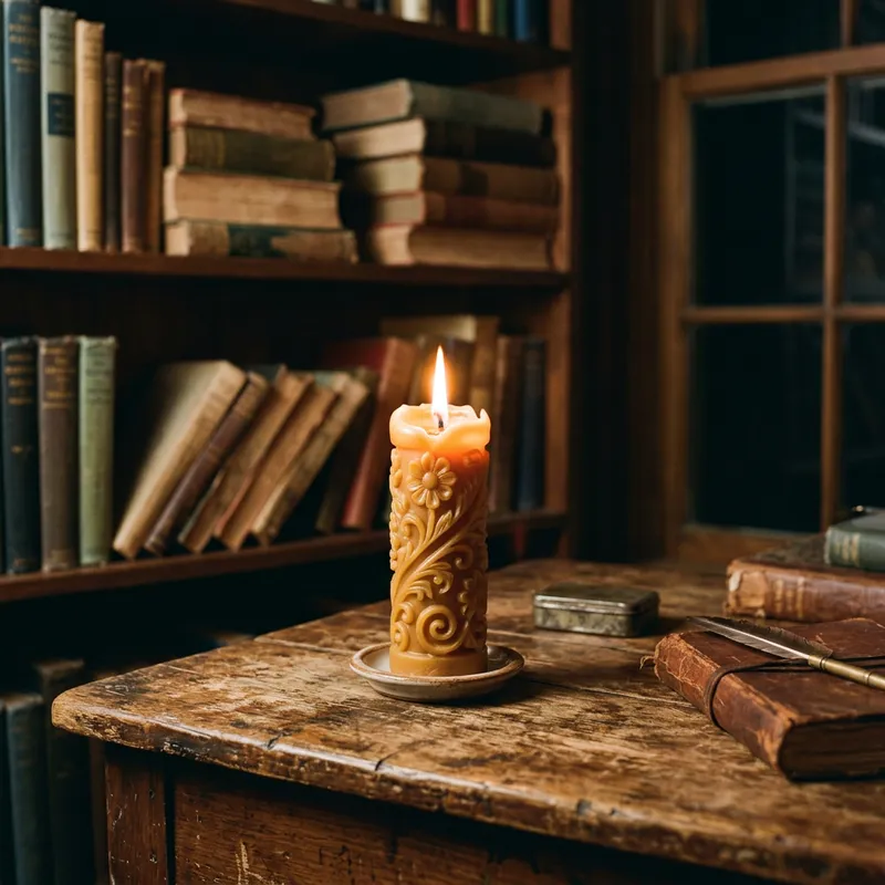 Elegant Beeswax Candle on Antique Table