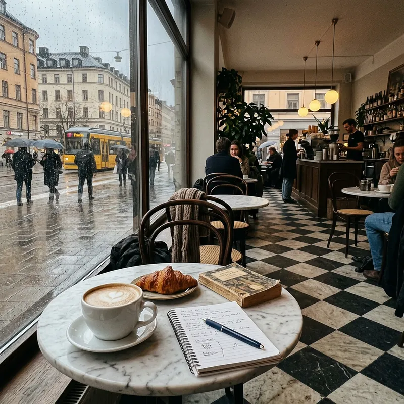 Cozy Café Scene with Caffè Latte, Croissant & Parisian Charm in Stockholm