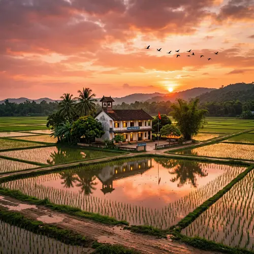 Tranquil Rural Scene with Traditional School Building in Lush Rice Field