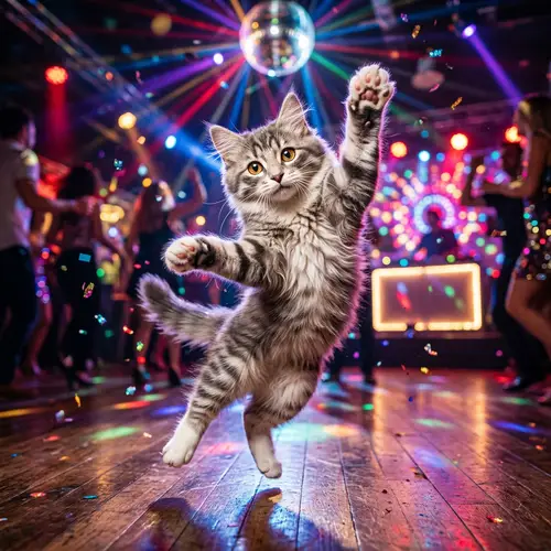 Joyful Dance of a Fluffy Domestic Cat - Party Atmosphere
