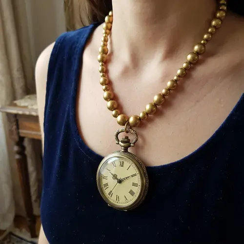 Golden Bead Necklace with Clock - Unique Jewelry Piece