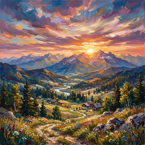 Colorful Sunset Mountain Landscape | Impressionist Painting Style