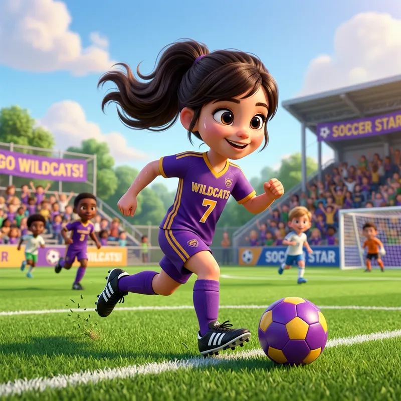 Adorable Young Caucasian Girl 3D Animation Soccer Scene | Pixar Style