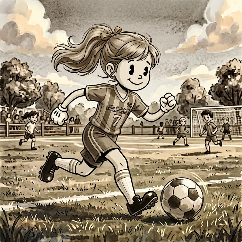 Adorable Caucasian Girl Playing Soccer in Purple & Gold Attire