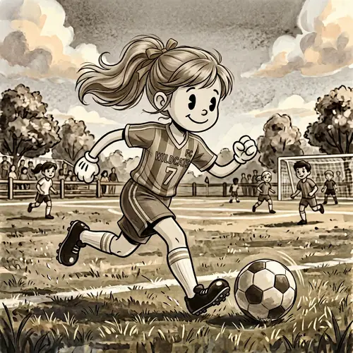 Young Caucasian Girl Playing Soccer in Purple & Gold Uniform