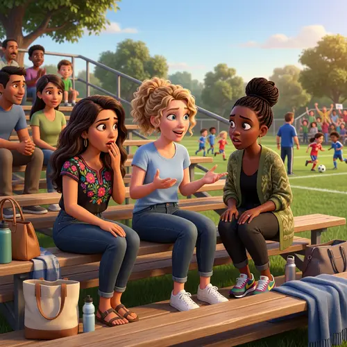 Vibrant 3D Animation: Diverse Moms Chat at Soccer Game