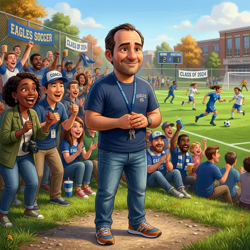 Pixar-style Middle-Aged Man at High School Soccer Game
