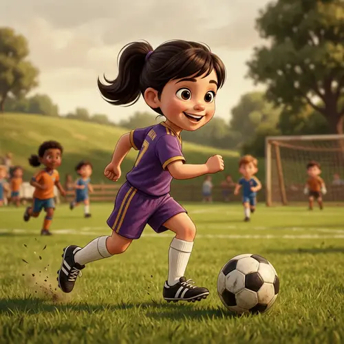 Young Caucasian Girl Playing Soccer in Pixar Style Animation
